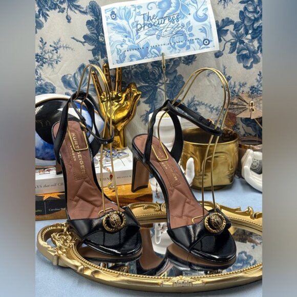 🆕 KURT GEIGER LONDON 🧿 NWOB Chelsea Heel Sandal, Black Patent - Sz 38 US 7.5 - Picture 2 of 12